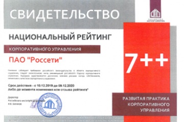 Рейтинг корпоративного управления компании "Россети" подтвержден на уровне 7++